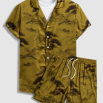 Men's Chinese Style Crane Satin Cuban Collar Shirt Casual Shorts Set