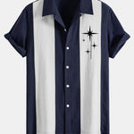 Mid Century Starbursts Print Linen Look Patchwork Bowling Shirt