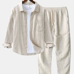 Long Sleeve Linen Cotton Shirt With Pocket & Straight Leg Linen Pants