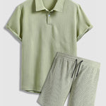 Men's solid color textured lapel polo casual shorts set