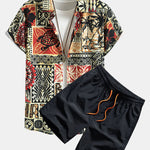 Palm Tree Turtle Ethnic Geometry Print Button Up Shirt & Swim Shorts