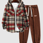 Men's Plaid Hooded Wool Blend Lapel Shirt Jacket Corduroy Casual Pants