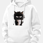 Black Cat Drinking Coffee Print Drawstring Hoodie