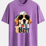 Beer Dog Print Washed Distressed Drop Shoulder T-Shirt