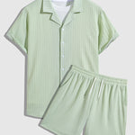 Men's Striped Textured Cuban Collar Button-Down Shirt Casual Shorts Set