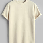 Geometric jacquard round neck short sleeved T-shirt-Beige