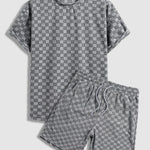 Men's terry cloth plaid crew neck T-shirt shorts set