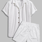Men's solid color wave terry texture shirt casual shorts set