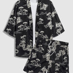 Men's Dragon Totem Satin Chinese Style Kimono Casual Shorts Set