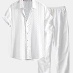 Geometry Rhombus Jacquard Button Up Shirt & Straight Leg Linen Pants