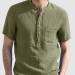 Men's cotton-linen Henley collar solid color short-sleeved shirt
