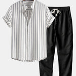 Cotton Blend Striped Stand Collar Shirt & Straight Leg Linen Pants