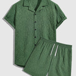 Men's retro floral texture Cuban collar button-down shirt casual shorts set