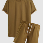 Men's Textured Pique Round Neck Short Sleeve T-Shirt Shorts Set