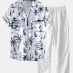 Island Sailing Print Button Up Shirt & Straight Leg Linen Pants