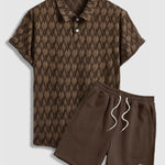Men's geometric retro lapel polo casual shorts set
