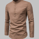 Men's Solid Color Cotton Linen Stand Collar Shirt