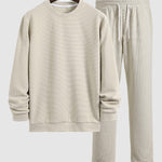 Men's solid color textured Puff Grid casual round neck sweatshirt and casual pants set