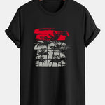 Palm Tree Silhouette Print Cotton T-Shirt & Solid Drawstring Swim Shorts