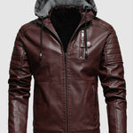 Men's Stand Collar Zipper Plush Hooded Leather Jacket