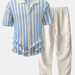 Drop Shoulder Stripe Crochet Shirt & Straight Leg Linen Pants