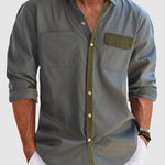 Men's Color Block Patchwork Casual Button-Down Long Sleeve Shirt