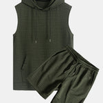 Waffle Sleeveless Hooded T-Shirt With Kangaroo Pocket & Shorts
