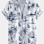Island Sailing Print Button Up Shirt & Wrinkle Textured Straight Leg Pants