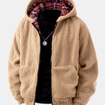 Contrast Plaid Teddy Zip-Up Hoodie
