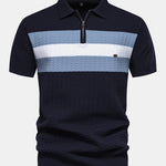 Contrast Textured Jacquard Knit Zip Up Polo Shirt