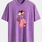 Pink Panther Print Washed Distressed Drop Shoulder T-Shirt