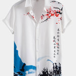 Ink Mountain Cherry Blossoms Print Button Up Shirt