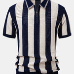 Striped Eyelet Knit Zip Up Polo Shirt