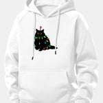 Christmas Lights Black Cat Print Drawstring Hoodie