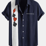 Poker Print Linen Look Contrast Button Up Shirt