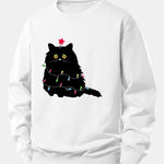 Christmas Lights Black Cat Print Relax Fit Sweatshirt