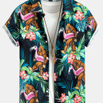 Tropical Flamingo Bigfoot Print Button Up Shirt & Swim Shorts