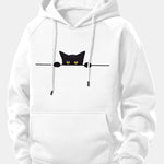 Black Cat Print Drawstring Hoodie