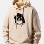 Black Cat Ramen Print Relax Fit Hoodie