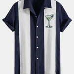 Vintage Martini Cocktail  Print Linen Look Patchwork Bowling Shirt