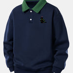 Relax Fit Christmas Colorful Light Black Cat Print Contrast Polo Sweatshirt
