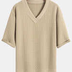 Relax Fit Geometric Jacquard V Neck Three Quarter Sleeve T-Shirt & Shorts