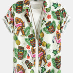 Tropical Tiki Bigfoot Print Button Up Shirt & Solid Drawstring Swim Shorts