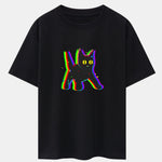 Glitch Black Cat Print Drop Shoulder Oversize T-Shirt