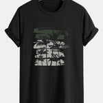 Palm Tree Silhouette Print Cotton T-Shirt & Solid Drawstring Swim Shorts