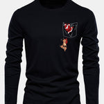 Long Sleeve Pocket Santa Print Cotton T-Shirt