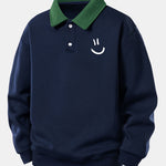 Relax Fit Smiley Face Print Contrast Polo Sweatshirt