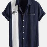 Musical Note Print Linen Look Contrast Button Up Shirt