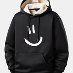 Smiley Face Print Teddy Fleece Lined Drawstring Hoodie