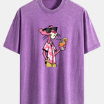 Vacation Pink Panther Print Washed Distressed Drop Shoulder T-Shirt